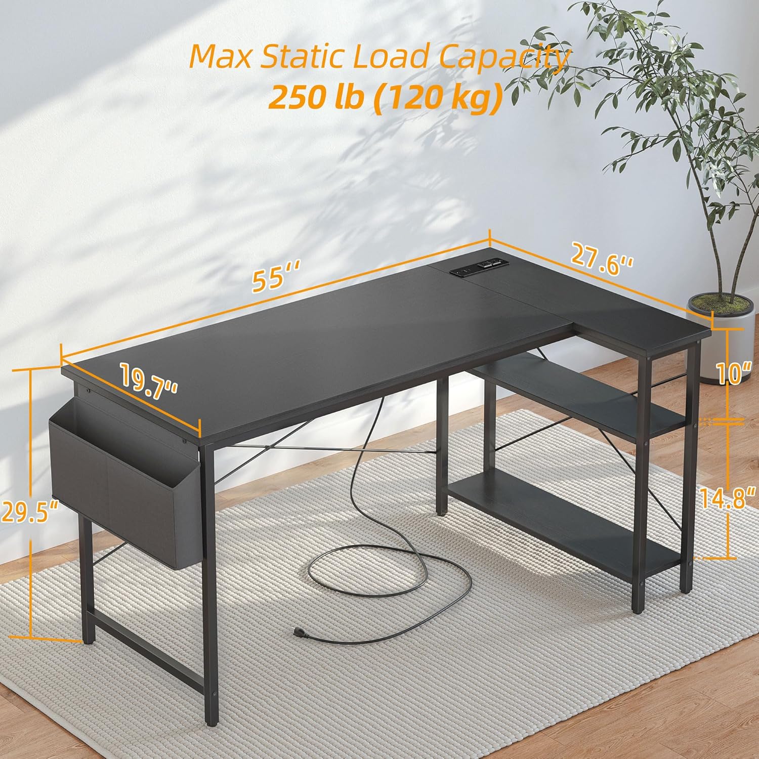 L Shaped Computer Desk - Power Outlets, 55 Inch Small Corner Desk with Reversible Shelves, Gaming Desk, Black - The Gadget Guy