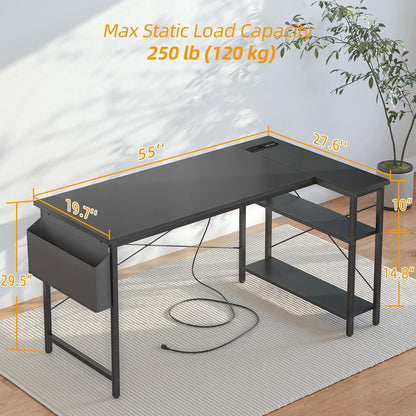 L Shaped Computer Desk - Power Outlets, 55 Inch Small Corner Desk with Reversible Shelves, Gaming Desk, Black - The Gadget Guy