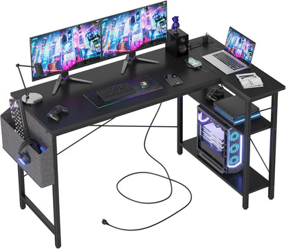 L Shaped Computer Desk - Power Outlets, 55 Inch Small Corner Desk with Reversible Shelves, Gaming Desk, Black - The Gadget Guy