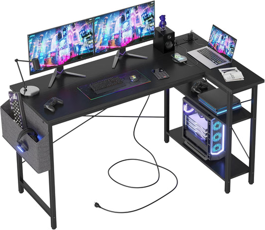 L Shaped Computer Desk - Power Outlets, 55 Inch Small Corner Desk with Reversible Shelves, Gaming Desk, Black - The Gadget Guy