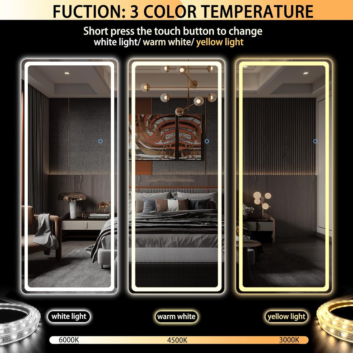 LED Door Mirror Full Length - 44.1" X 15.8" Lighted over the Hanging, Full Body Wall Mounted, round, White - The Gadget Guy
