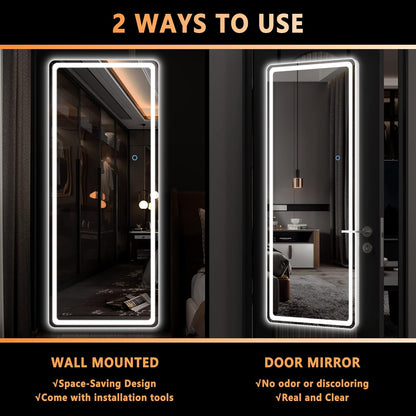 LED Door Mirror Full Length - 44.1" X 15.8" Lighted over the Hanging, Full Body Wall Mounted, round, White - The Gadget Guy