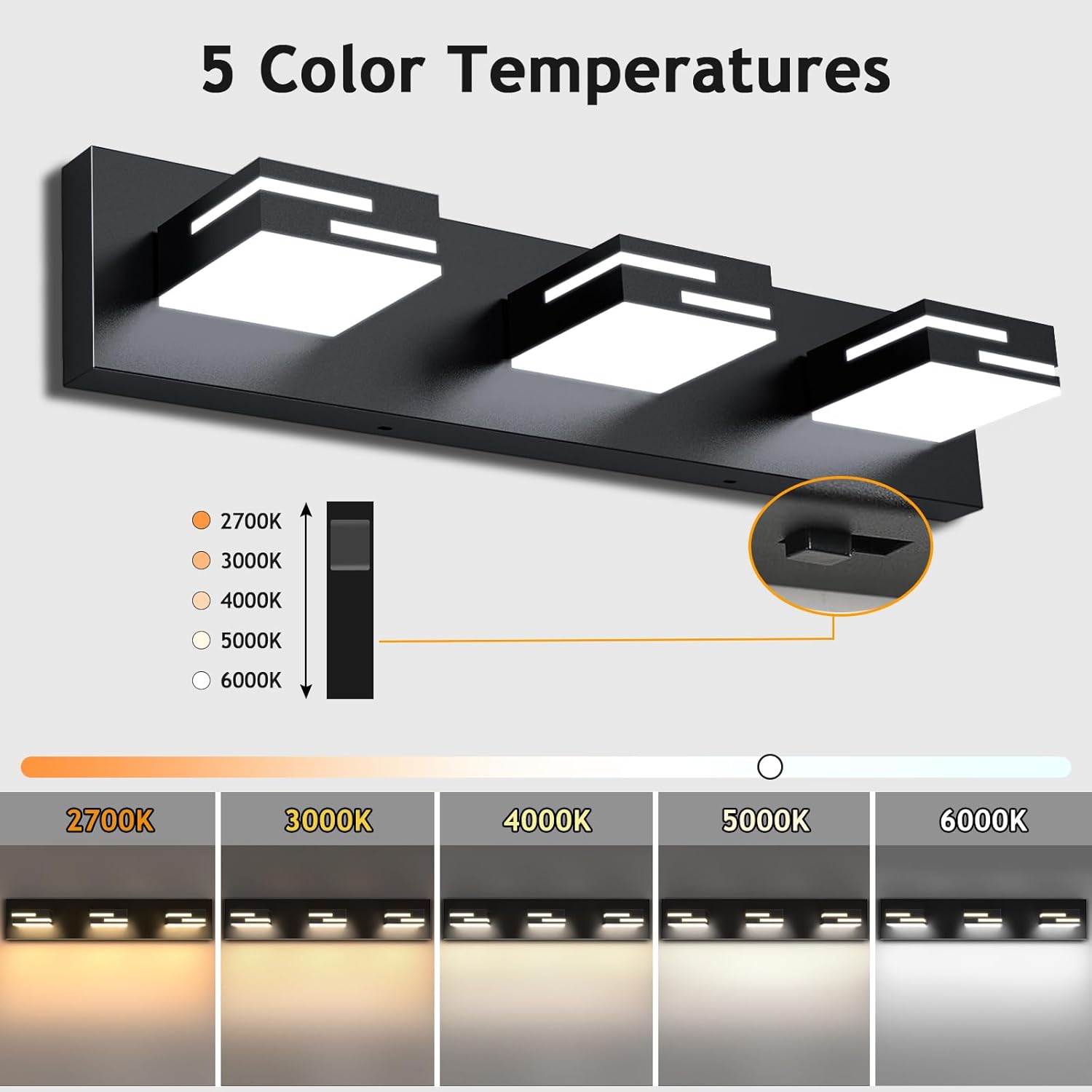Modern 3 - Light LED Bathroom Vanity Light Fixture - 5CCT Dimmable Matte Black Finish and 350° Rotatable Acrylic Heads, 22 - Inch - The Gadget Guy