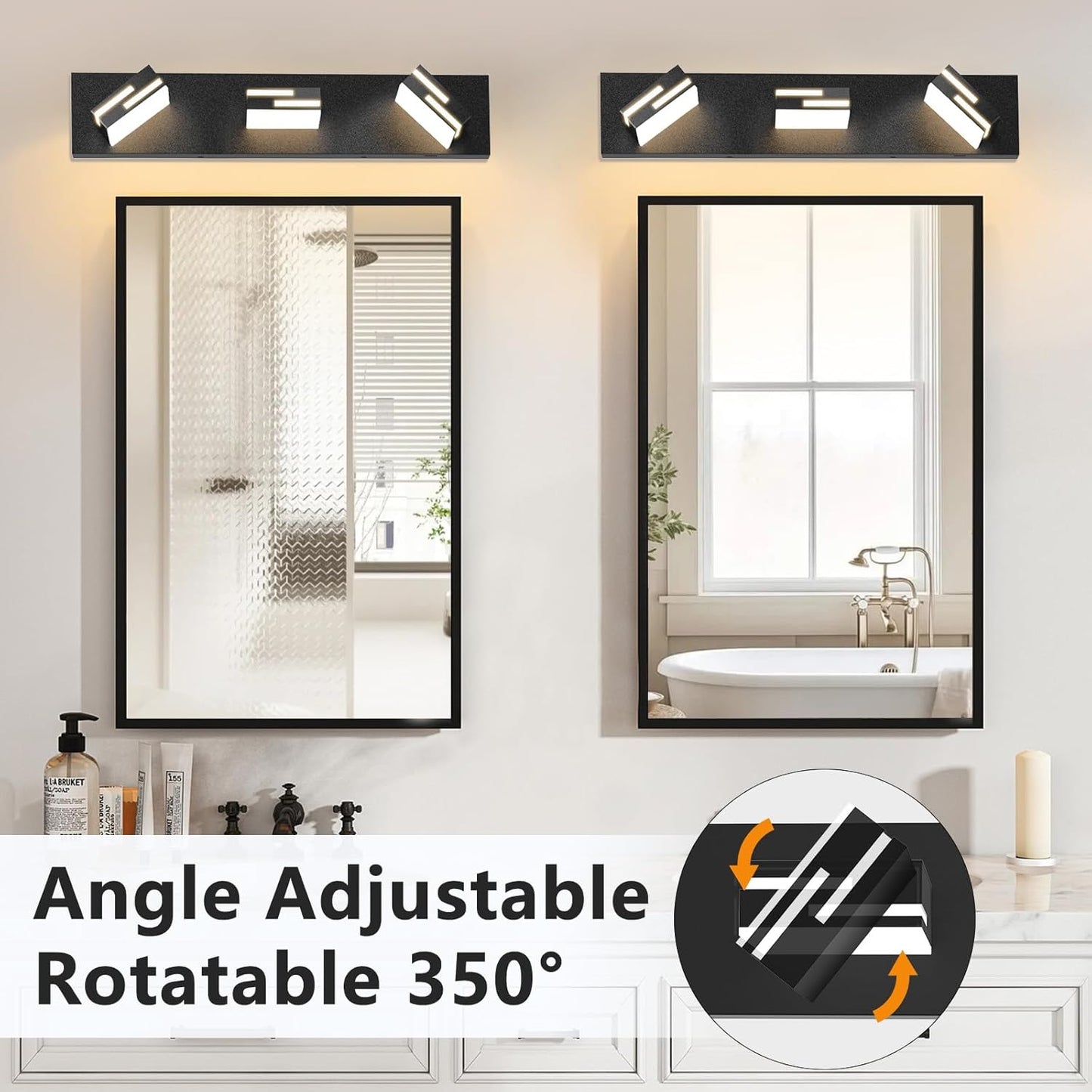 Modern 3 - Light LED Bathroom Vanity Light Fixture - 5CCT Dimmable Matte Black Finish and 350° Rotatable Acrylic Heads, 22 - Inch - The Gadget Guy