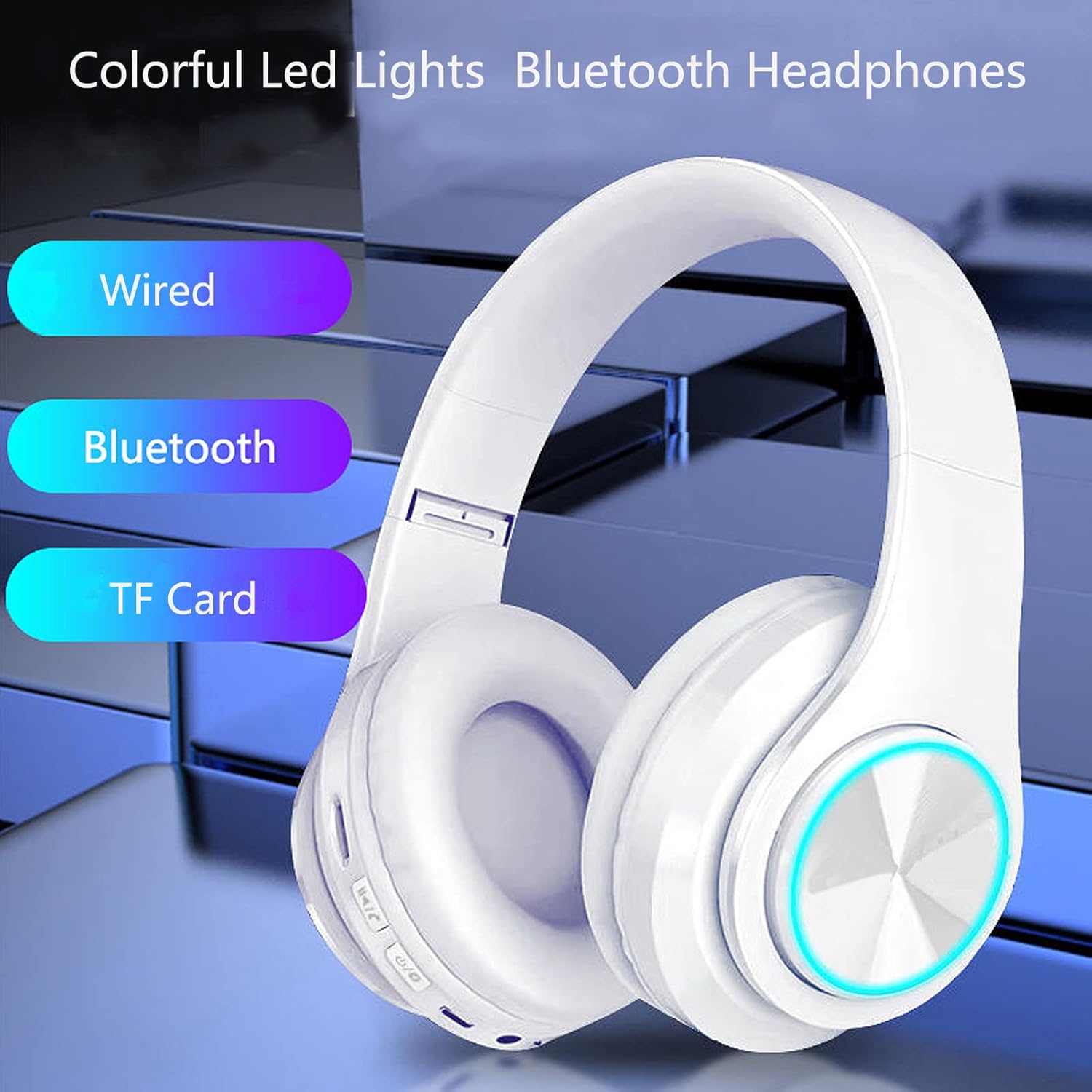 Wireless Bluetooth Headphones with Colorful LED Lights - Built - In Mic, Light Weight, Foldable, Wired Hifi Stereo Headphones - The Gadget Guy