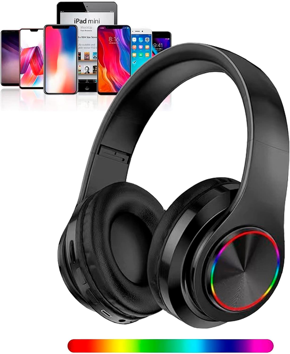 Wireless Bluetooth Headphones with Colorful LED Lights - Built - In Mic, Light Weight, Foldable, Wired Hifi Stereo Headphones - The Gadget Guy